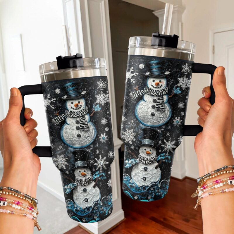 Frosty Snowman Elegance Christmas Custom Stanley Quencher 40oz Stainless Steel Tumbler With Handle - Threewoofs - Image 2