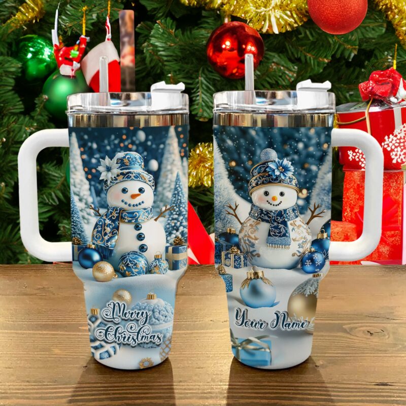 Frosty Snowman Elegance Christmas Custom Stanley Quencher 40oz Stainless Steel Tumbler With Handle - Threewoofs - Image 2