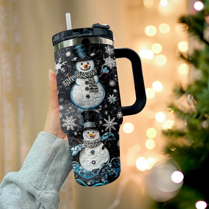 Frosty Snowman Elegance Christmas Custom Stanley Quencher 40oz Stainless Steel Tumbler With Handle - Threewoofs - Image 3
