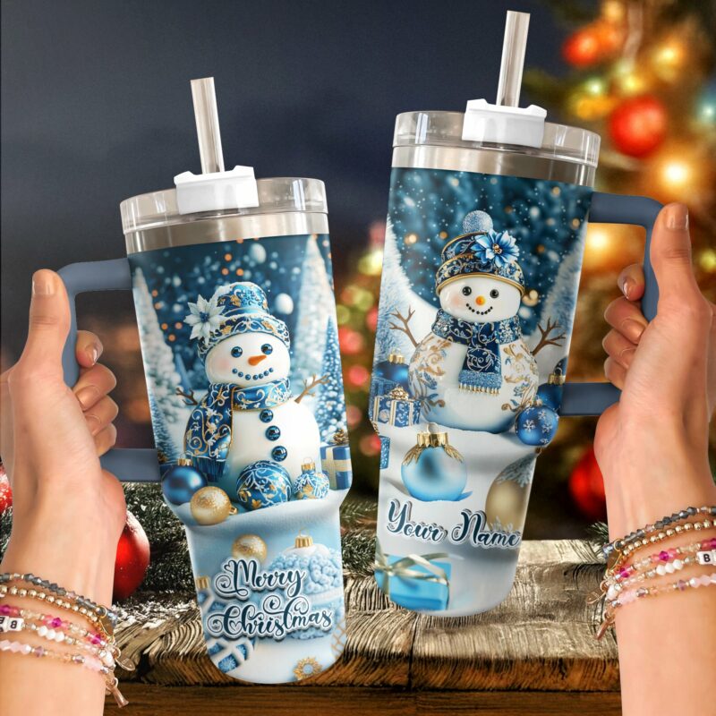 Frosty Snowman Elegance Christmas Custom Stanley Quencher 40oz Stainless Steel Tumbler With Handle - Threewoofs - Image 3