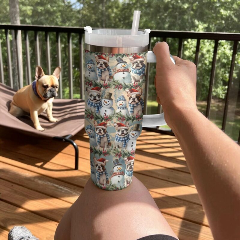 Frosty Snowman Frenchie Bulldog Christmas Custom Stanley Quencher 40oz Stainless Steel Tumbler With Handle - Threewoofs - Image 2