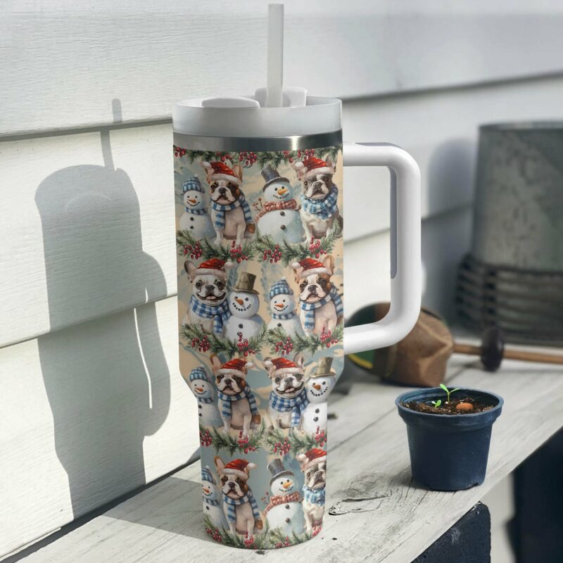 Frosty Snowman Frenchie Bulldog Christmas Custom Stanley Quencher 40oz Stainless Steel Tumbler With Handle - Threewoofs - Image 3