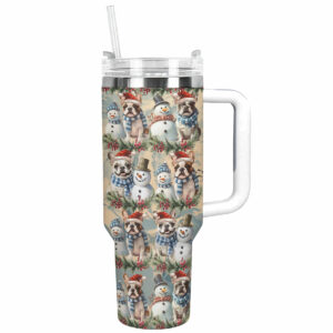 Frosty Snowman Frenchie Bulldog Christmas Custom Stanley Quencher 40oz Stainless Steel Tumbler With Handle - Threewoofs