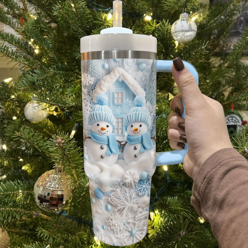 Frosty Snowman Friend Christmas Custom Stanley Quencher 40oz Stainless Steel Tumbler With Handle - Threewoofs - Image 2
