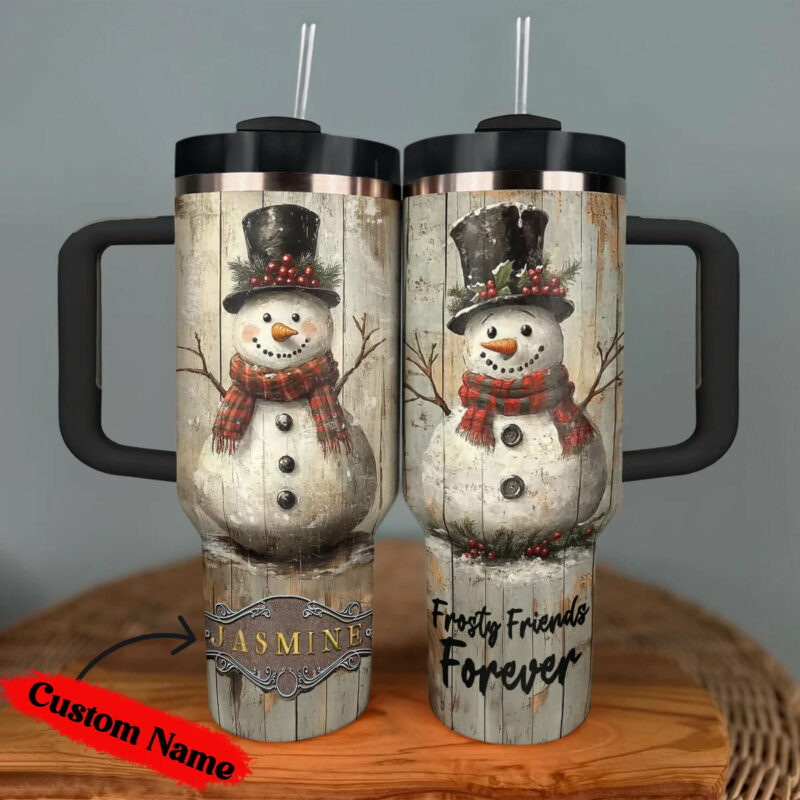Frosty Snowman Friend Christmas Custom Stanley Quencher 40oz Stainless Steel Tumbler With Handle - Threewoofs - Image 2