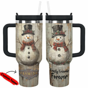 Frosty Snowman Friend Christmas Custom Stanley Quencher 40oz Stainless Steel Tumbler With Handle - Threewoofs