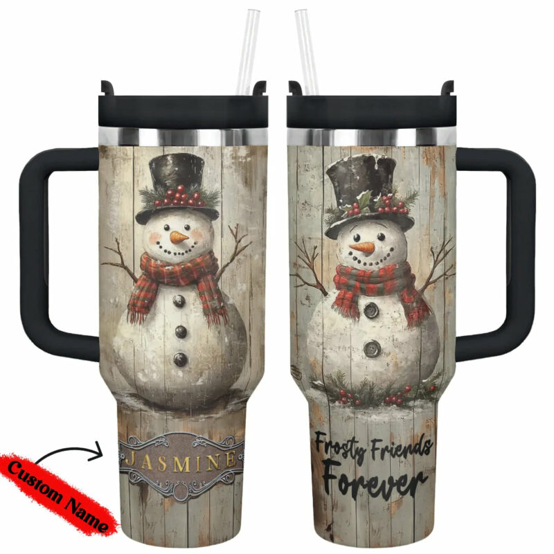 Frosty Snowman Friend Christmas Custom Stanley Quencher 40oz Stainless Steel Tumbler With Handle - Threewoofs