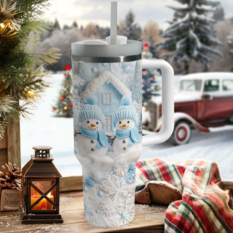 Frosty Snowman Friend Christmas Custom Stanley Quencher 40oz Stainless Steel Tumbler With Handle - Threewoofs - Image 3