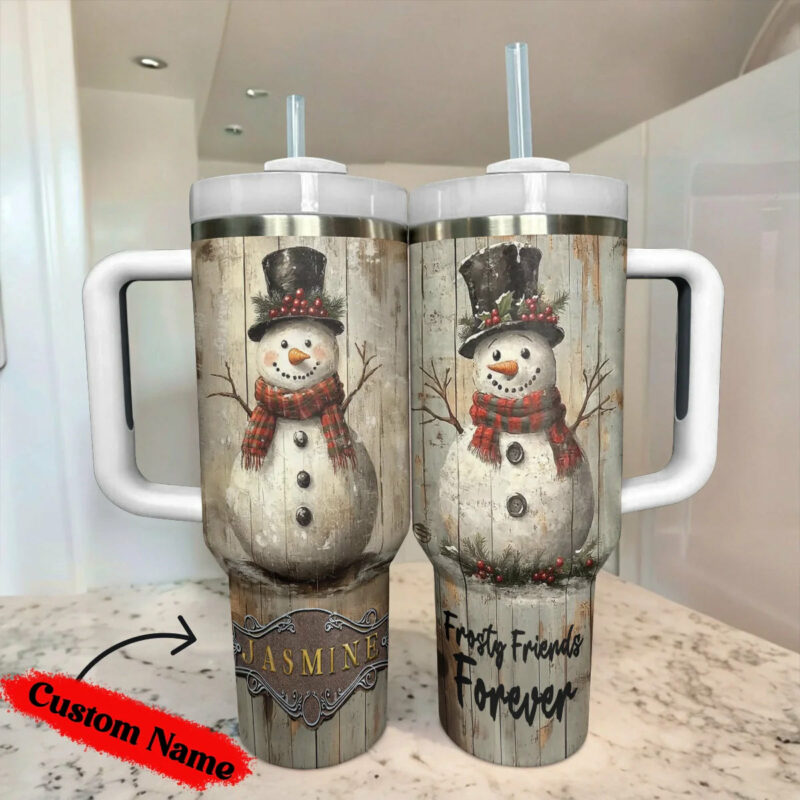 Frosty Snowman Friend Christmas Custom Stanley Quencher 40oz Stainless Steel Tumbler With Handle - Threewoofs - Image 4