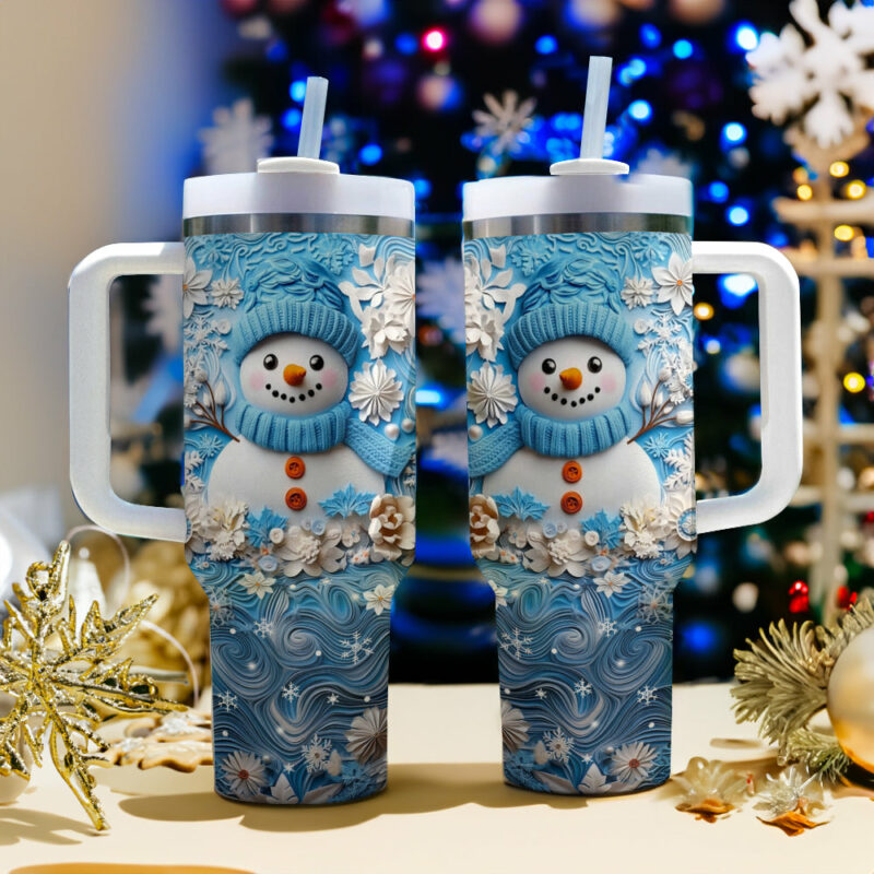 Frosty Snowman Friend Christmas Custom Stanley Quencher 40oz Stainless Steel Tumbler With Handle - Threewoofs - Image 2