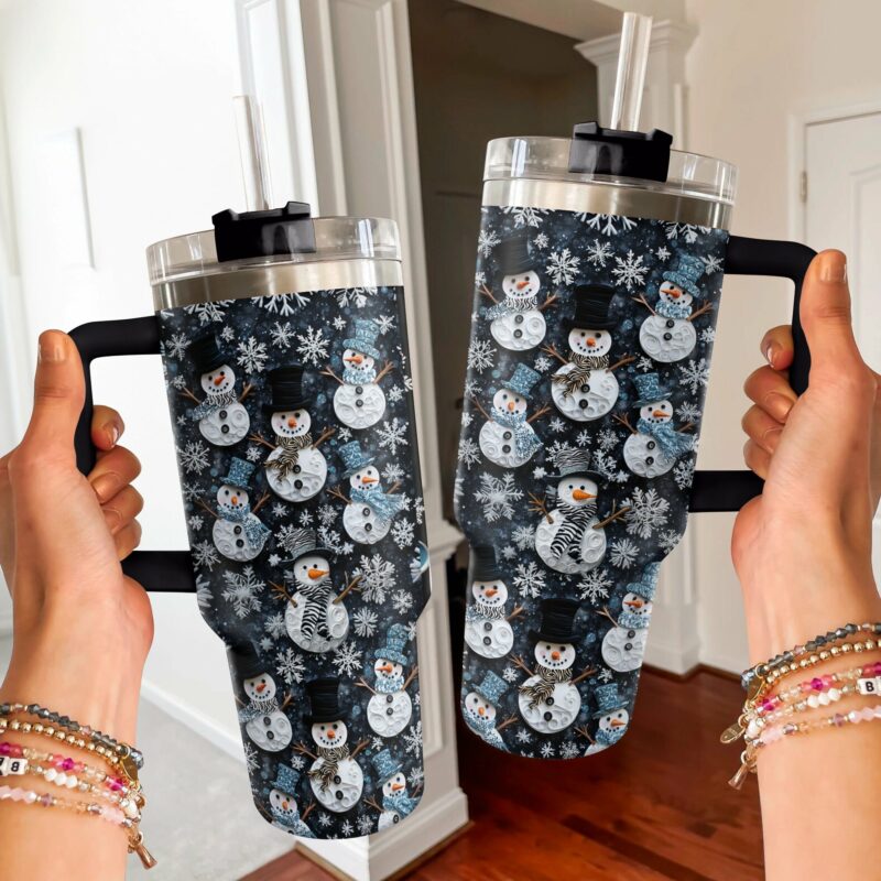 Frosty Snowman Friends Christmas Custom Stanley Quencher 40oz Stainless Steel Tumbler With Handle - Threewoofs - Image 3