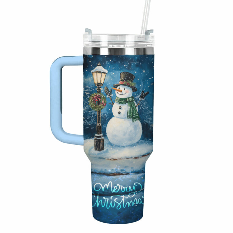 Frosty Snowman Night Christmas Custom Stanley Quencher 40oz Stainless Steel Tumbler With Handle - Threewoofs
