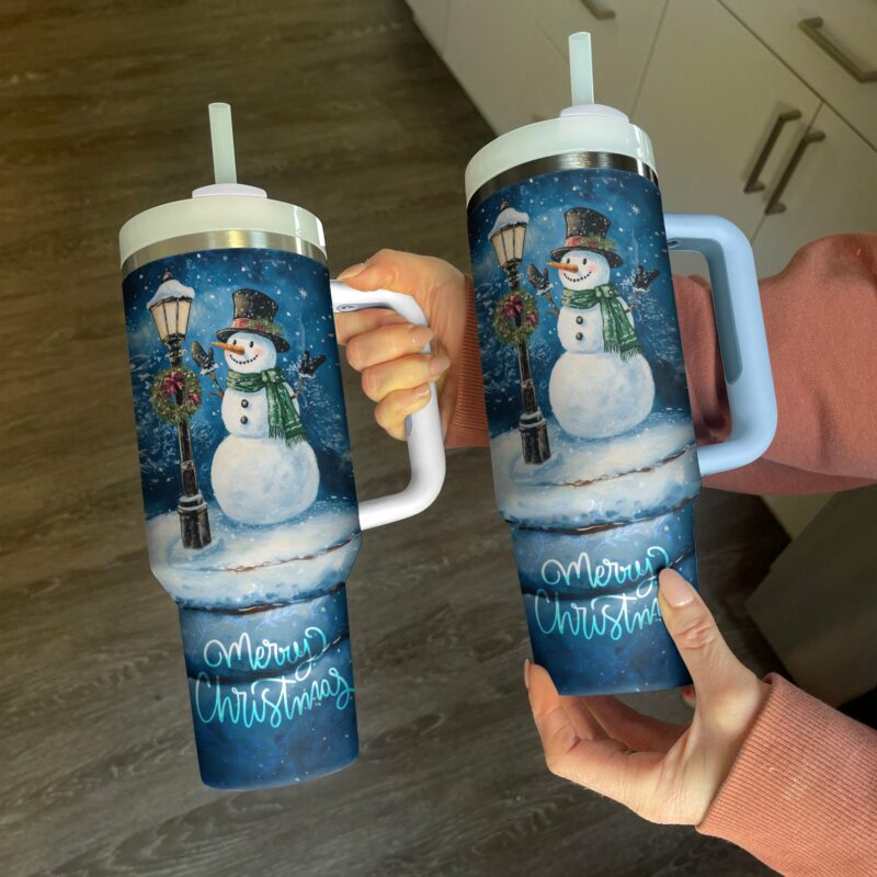Frosty Snowman Night Christmas Custom Stanley Quencher 40oz Stainless Steel Tumbler With Handle - Threewoofs - Image 2