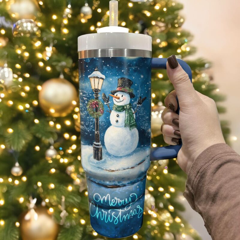 Frosty Snowman Night Christmas Custom Stanley Quencher 40oz Stainless Steel Tumbler With Handle - Threewoofs - Image 3