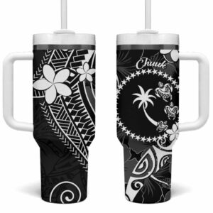 FSM Chuuk Turtle Tropical Flowers Polynesian Black Custom Stanley Quencher 40oz Stainless Steel Tumbler With Handle - Threewoofs