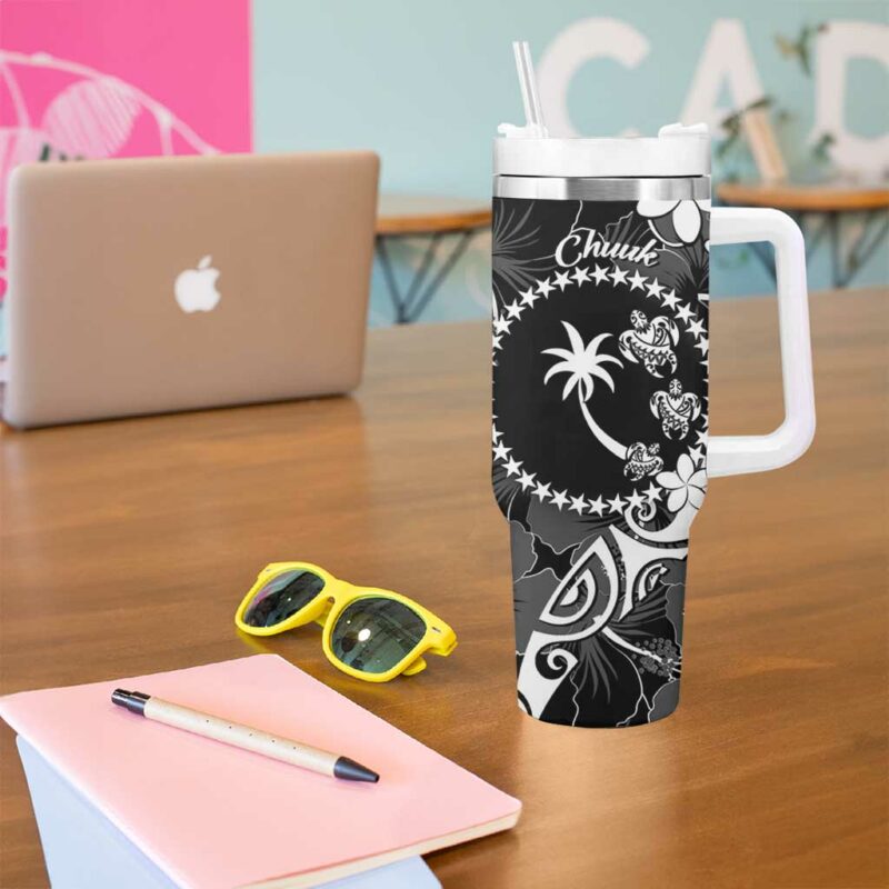FSM Chuuk Turtle Tropical Flowers Polynesian Black Custom Stanley Quencher 40oz Stainless Steel Tumbler With Handle - Threewoofs - Image 5