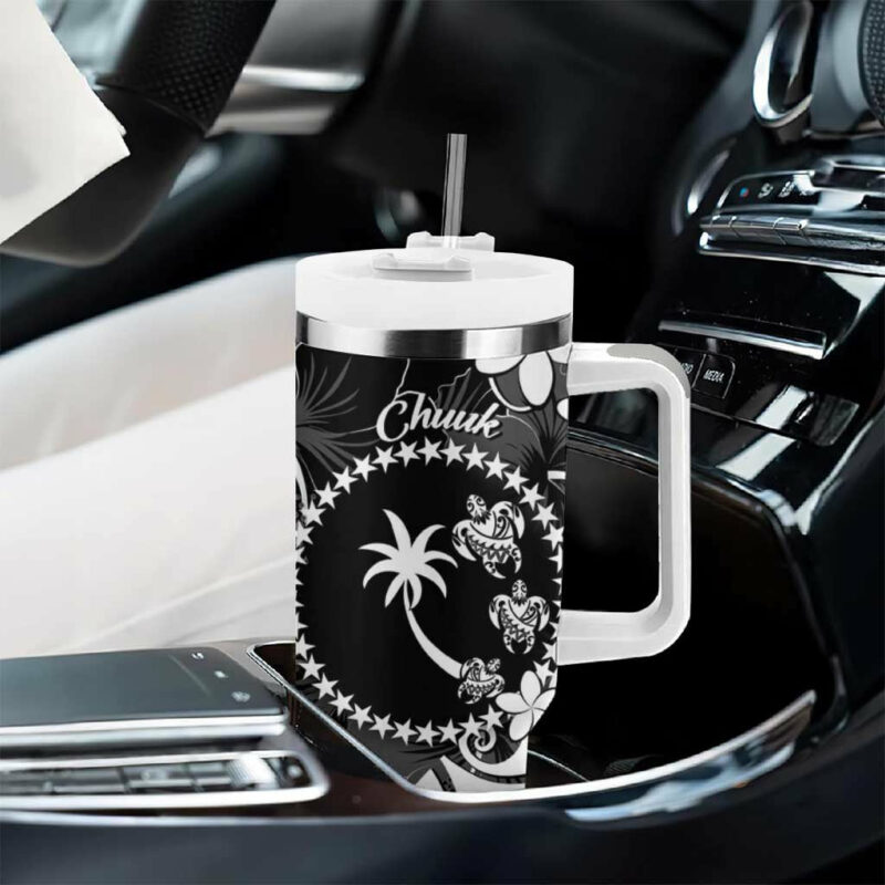 FSM Chuuk Turtle Tropical Flowers Polynesian Black Custom Stanley Quencher 40oz Stainless Steel Tumbler With Handle - Threewoofs - Image 8
