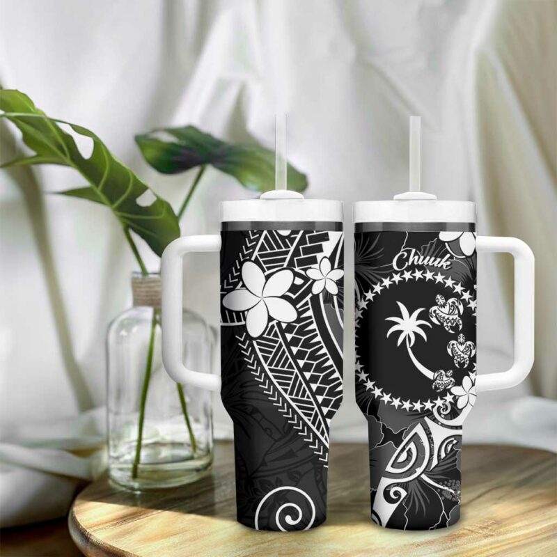 FSM Chuuk Turtle Tropical Flowers Polynesian Black Custom Stanley Quencher 40oz Stainless Steel Tumbler With Handle - Threewoofs - Image 9