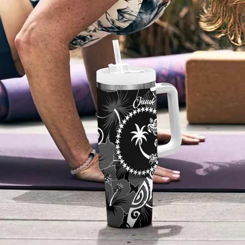 FSM Chuuk Turtle Tropical Flowers Polynesian Black Custom Stanley Quencher 40oz Stainless Steel Tumbler With Handle - Threewoofs - Image 6