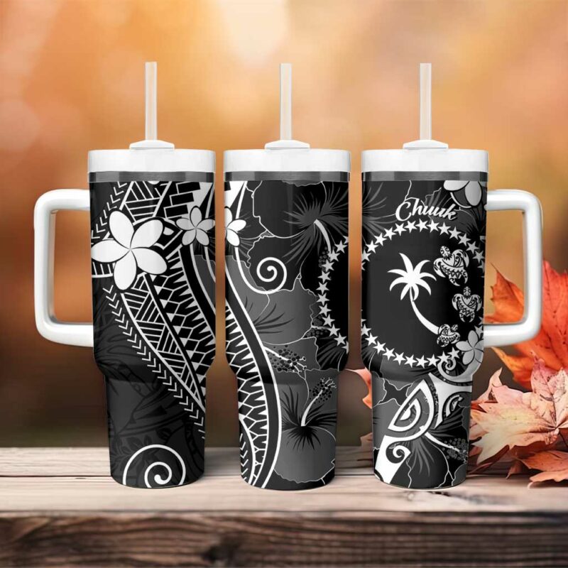 FSM Chuuk Turtle Tropical Flowers Polynesian Black Custom Stanley Quencher 40oz Stainless Steel Tumbler With Handle - Threewoofs - Image 4