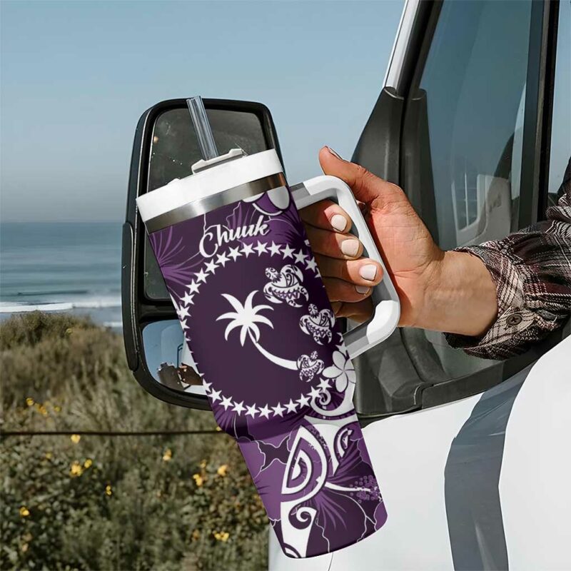 FSM Chuuk Turtle Tropical Flowers Polynesian Purple Custom Stanley Quencher 40oz Stainless Steel Tumbler With Handle - Threewoofs - Image 7