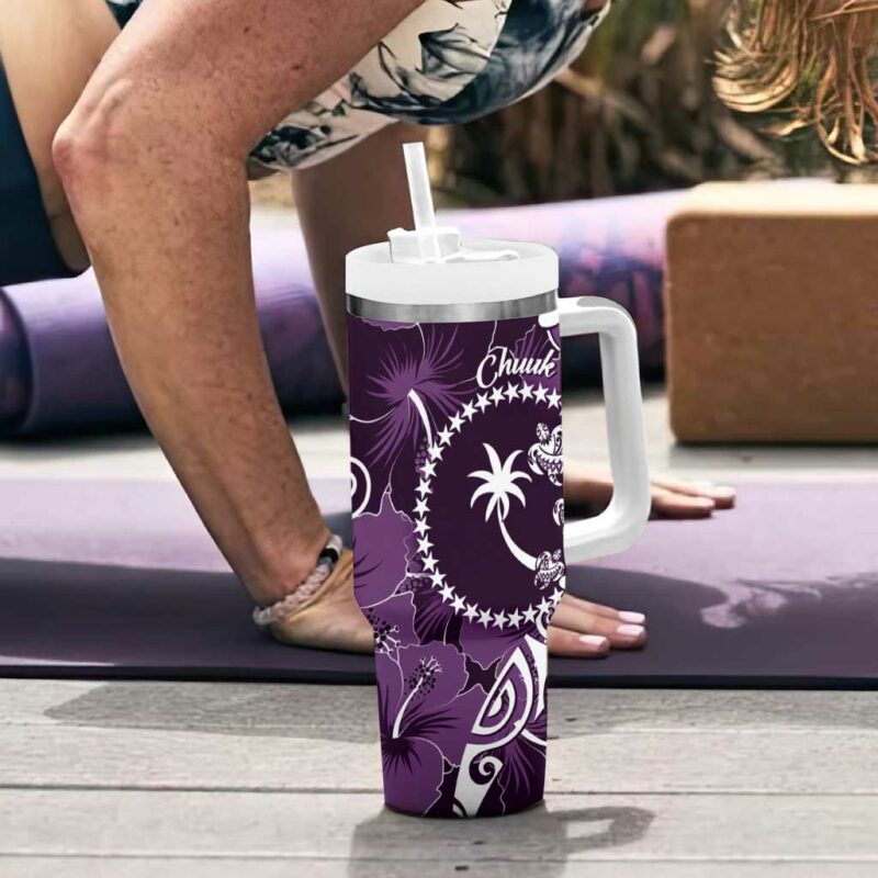 FSM Chuuk Turtle Tropical Flowers Polynesian Purple Custom Stanley Quencher 40oz Stainless Steel Tumbler With Handle - Threewoofs - Image 6