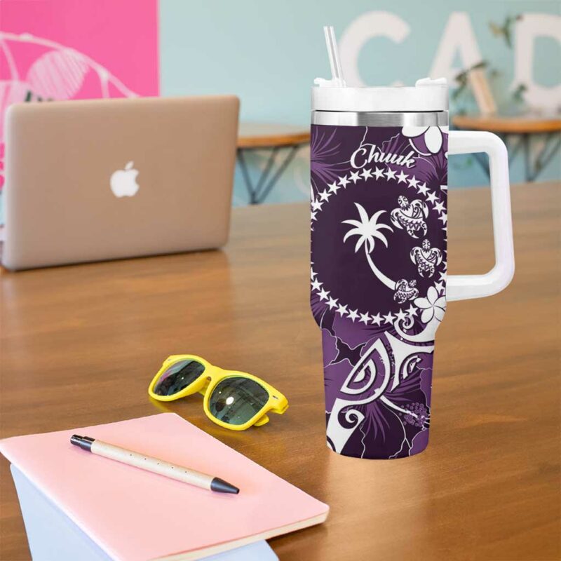 FSM Chuuk Turtle Tropical Flowers Polynesian Purple Custom Stanley Quencher 40oz Stainless Steel Tumbler With Handle - Threewoofs - Image 5