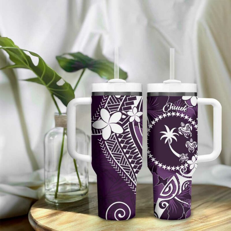 FSM Chuuk Turtle Tropical Flowers Polynesian Purple Custom Stanley Quencher 40oz Stainless Steel Tumbler With Handle - Threewoofs - Image 9