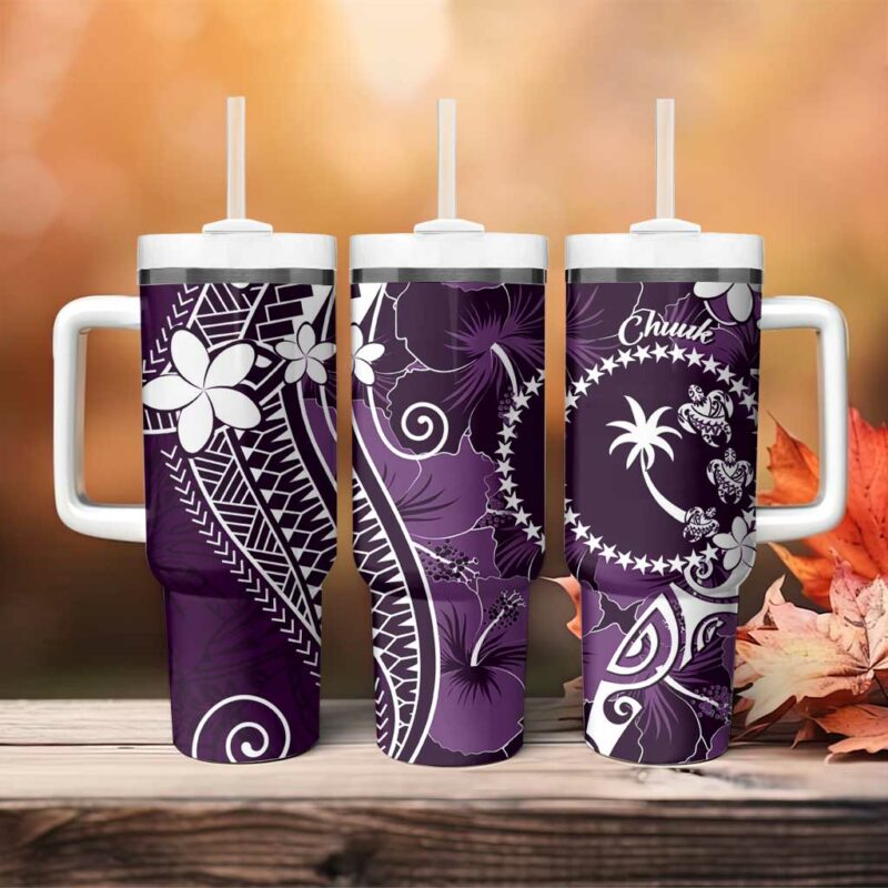 FSM Chuuk Turtle Tropical Flowers Polynesian Purple Custom Stanley Quencher 40oz Stainless Steel Tumbler With Handle - Threewoofs - Image 4