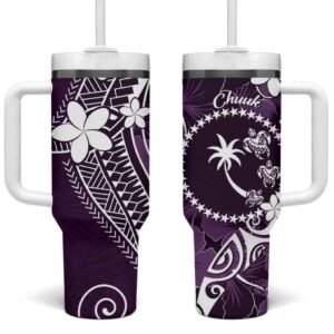 FSM Chuuk Turtle Tropical Flowers Polynesian Purple Custom Stanley Quencher 40oz Stainless Steel Tumbler With Handle - Threewoofs