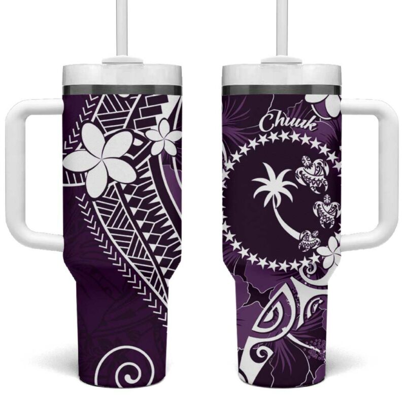 FSM Chuuk Turtle Tropical Flowers Polynesian Purple Custom Stanley Quencher 40oz Stainless Steel Tumbler With Handle - Threewoofs
