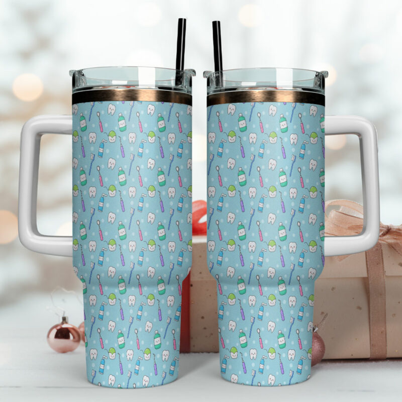 Funny Cute Teeth Custom Stanley Quencher 40oz Stainless Steel Tumbler With Handle - Threewoofs - Image 4