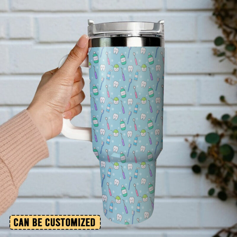 Funny Cute Teeth Custom Stanley Quencher 40oz Stainless Steel Tumbler With Handle - Threewoofs - Image 3