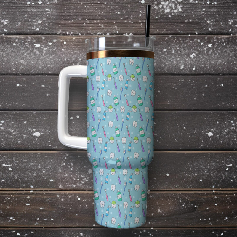Funny Cute Teeth Custom Stanley Quencher 40oz Stainless Steel Tumbler With Handle - Threewoofs - Image 2