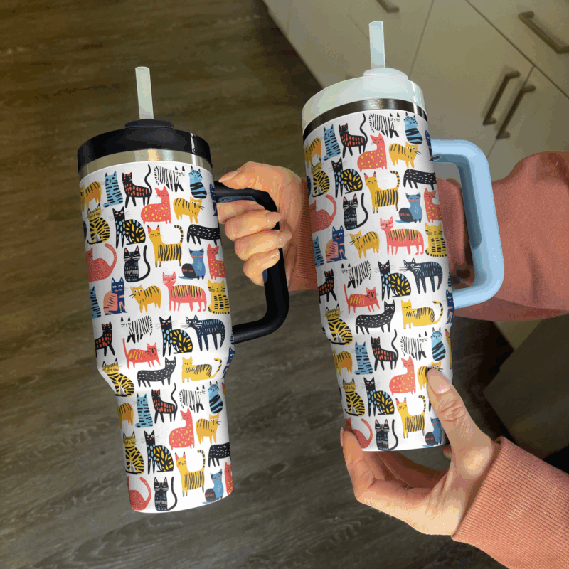 Funny Drawings of Cats Custom Stanley Quencher 40oz Stainless Steel Tumbler With Handle - Threewoofs - Image 4