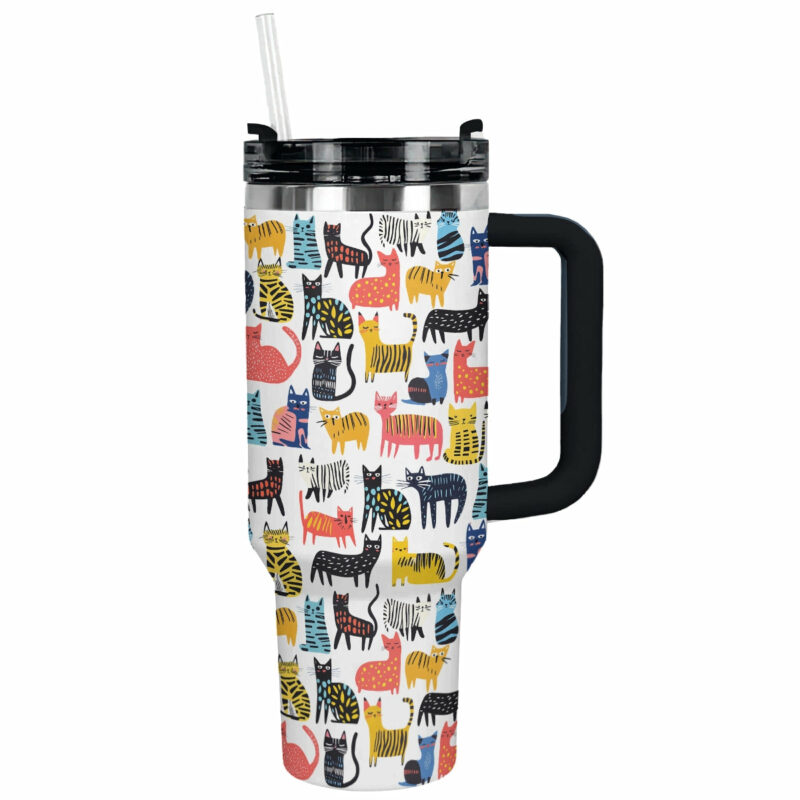Funny Drawings of Cats Custom Stanley Quencher 40oz Stainless Steel Tumbler With Handle - Threewoofs