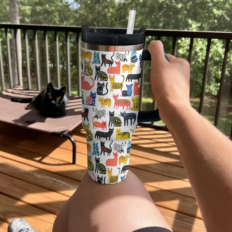 Funny Drawings of Cats Custom Stanley Quencher 40oz Stainless Steel Tumbler With Handle - Threewoofs - Image 2