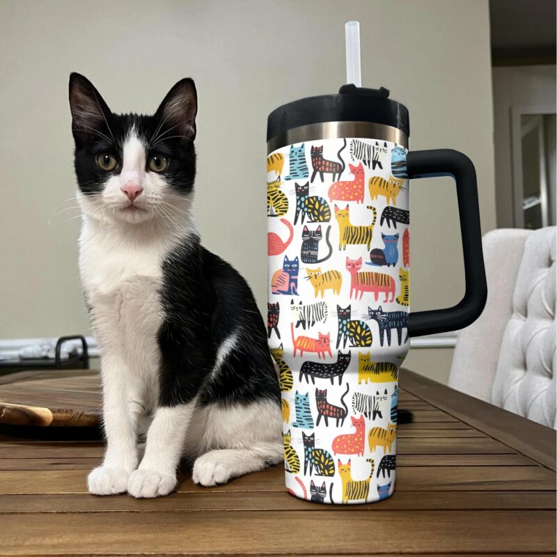 Funny Drawings of Cats Custom Stanley Quencher 40oz Stainless Steel Tumbler With Handle - Threewoofs - Image 3