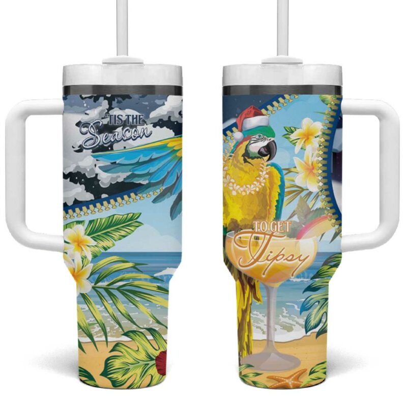 Funny Tropical Christmas Tis The Season To Get Tipsy Custom Stanley Quencher 40oz Stainless Steel Tumbler With Handle - Threewoofs