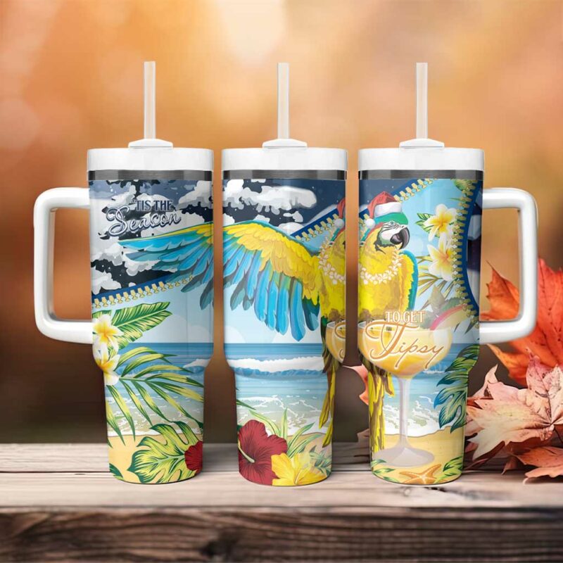 Funny Tropical Christmas Tis The Season To Get Tipsy Custom Stanley Quencher 40oz Stainless Steel Tumbler With Handle - Threewoofs - Image 4
