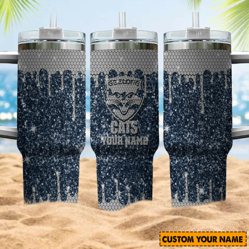 Geelong Cats AFL Sports Glitter Custom Stanley Quencher 40oz Stainless Steel Tumbler With Handle - Threewoofs - Image 4