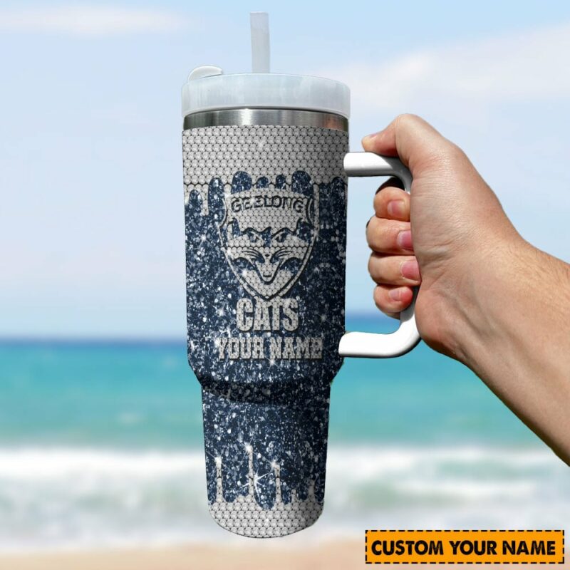 Geelong Cats AFL Sports Glitter Custom Stanley Quencher 40oz Stainless Steel Tumbler With Handle - Threewoofs - Image 3