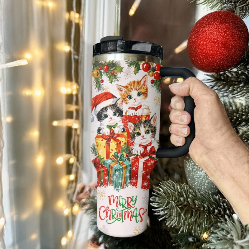 Gift-Giving Christmas Kitten Custom Stanley Quencher 40oz Stainless Steel Tumbler With Handle - Threewoofs - Image 3