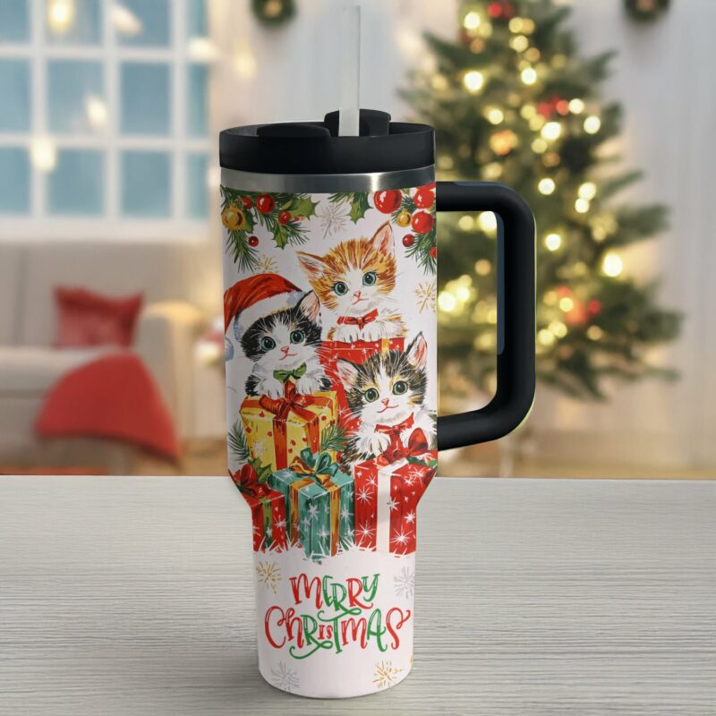 Gift-Giving Christmas Kitten Custom Stanley Quencher 40oz Stainless Steel Tumbler With Handle - Threewoofs - Image 2
