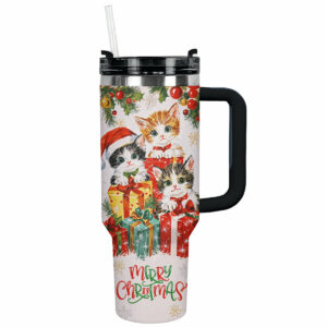Gift-Giving Christmas Kitten Custom Stanley Quencher 40oz Stainless Steel Tumbler With Handle - Threewoofs