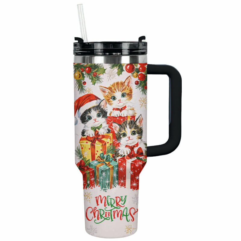 Gift-Giving Christmas Kitten Custom Stanley Quencher 40oz Stainless Steel Tumbler With Handle - Threewoofs