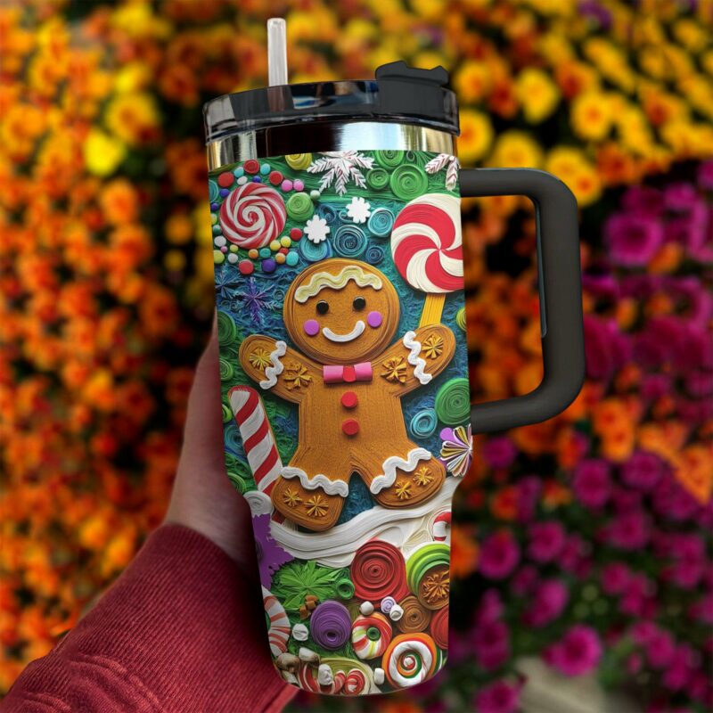 Gingerbread Man Christmas Custom Stanley Quencher 40oz Stainless Steel Tumbler With Handle - Threewoofs - Image 3