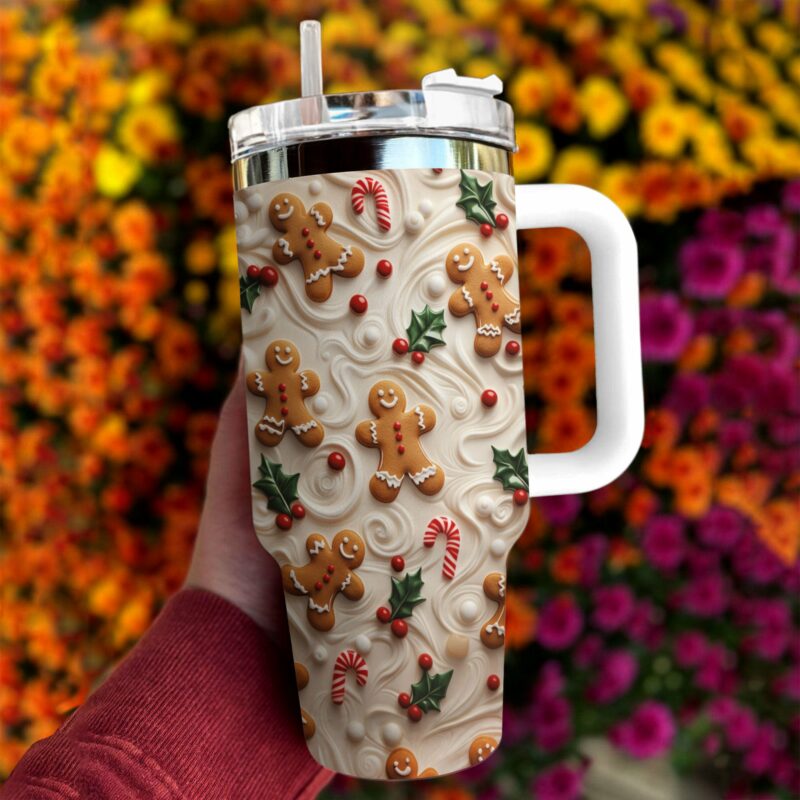 Gingerbread Man Christmas Custom Stanley Quencher 40oz Stainless Steel Tumbler With Handle - Threewoofs - Image 3