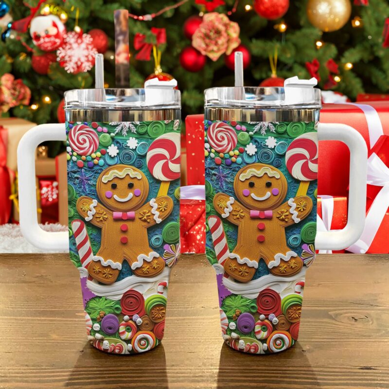 Gingerbread Man Christmas Custom Stanley Quencher 40oz Stainless Steel Tumbler With Handle - Threewoofs - Image 2