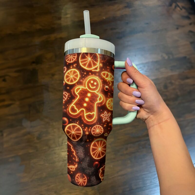 Glowing Gingerbread Christmas Custom Stanley Quencher 40oz Stainless Steel Tumbler With Handle - Threewoofs - Image 2
